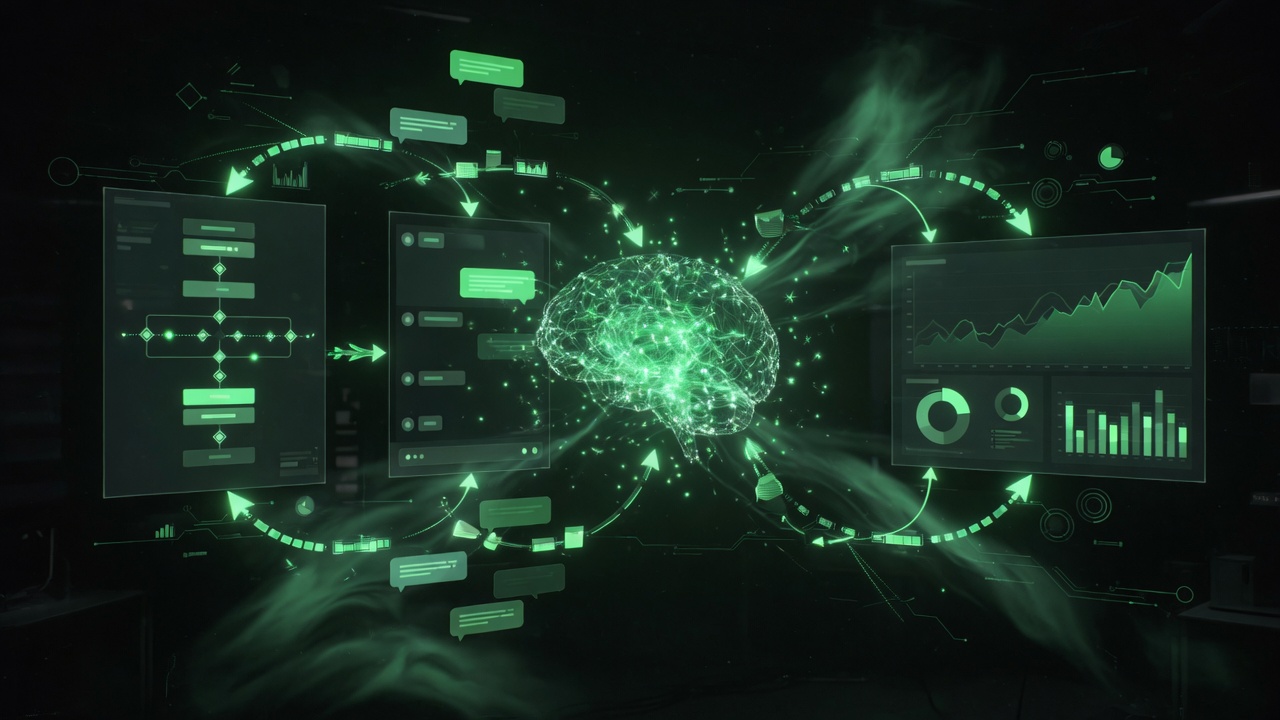 Flowchart demonstrating how an autonomous AI agent automates tasks between a CRM, Slack, and reporting dashboards.