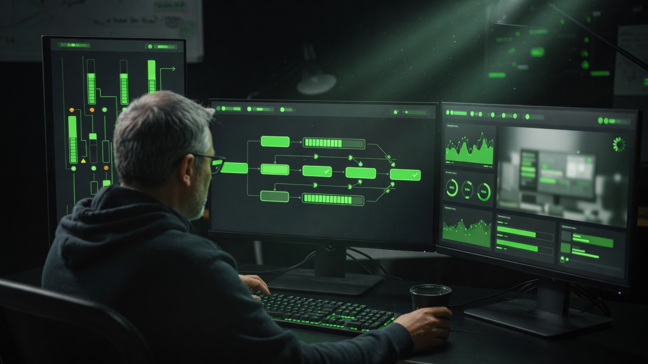 Developer reviewing continuous integration pipeline and staging environment dashboards on screens